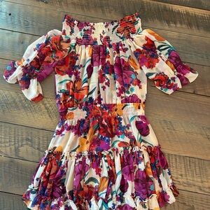 MISA Floral Dress with Purple and Orange Accents